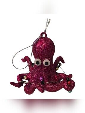 Fushia Pink Glittery Octopus Christmas Ornament Tangled  String of Lights READ